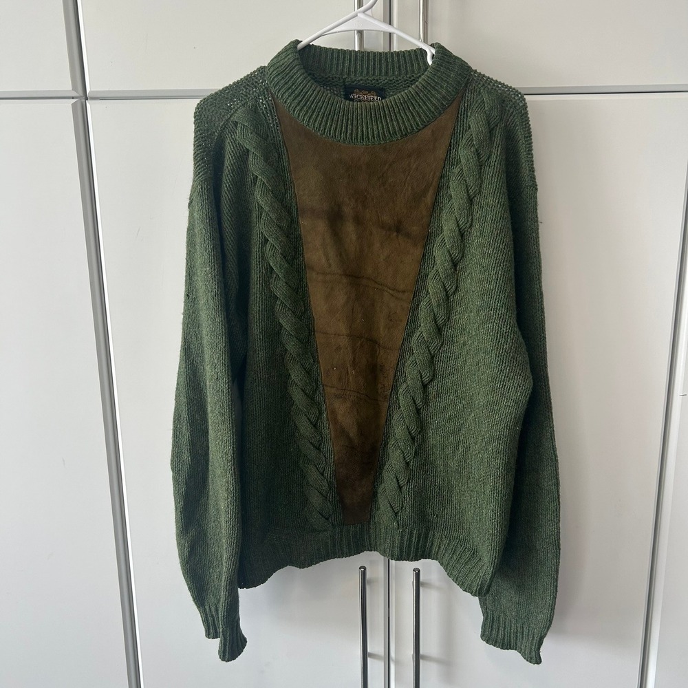 Wickfield Sportswear Vintage Wool Sweater Green Suede Leather Panel Mens‎ Large